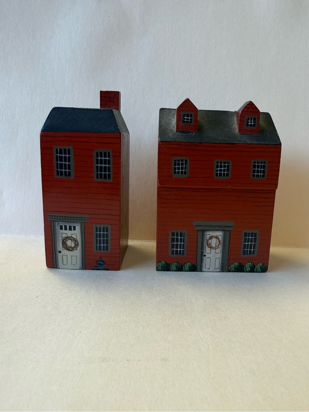 Pair of Hand Crafted Painted Red Wooden Decorative House Shelf Sitters Signed.